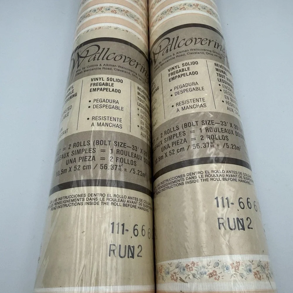 Vintage Collins & Aikman Wallcoverings Cream Pink Blue Floral 2 Double Rolls